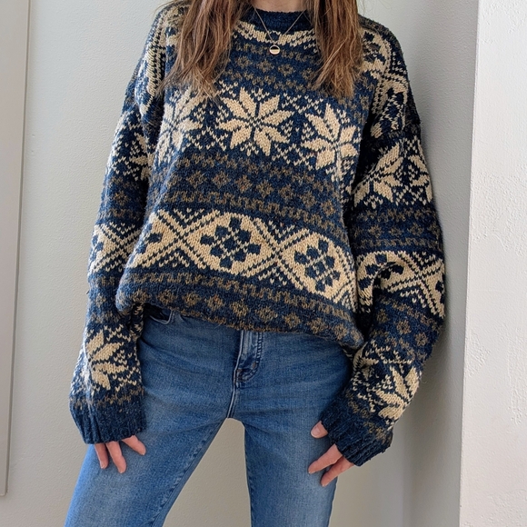 Vintage Sweaters - Vintage Chunky Fair Isle Abstract Geometric Speckled Crewneck Sweater In Blue